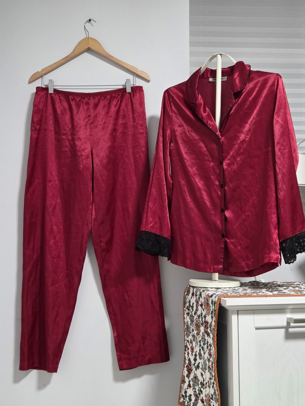 Morgan Taylor Silky Red Women's Pajama Set - Button Front Top & Pants